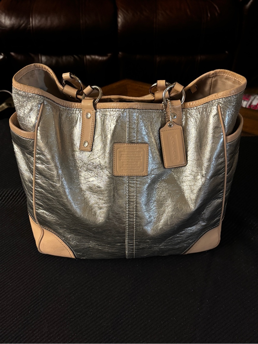 Coach Metallic Silver Leather Tote with Tan Trim
